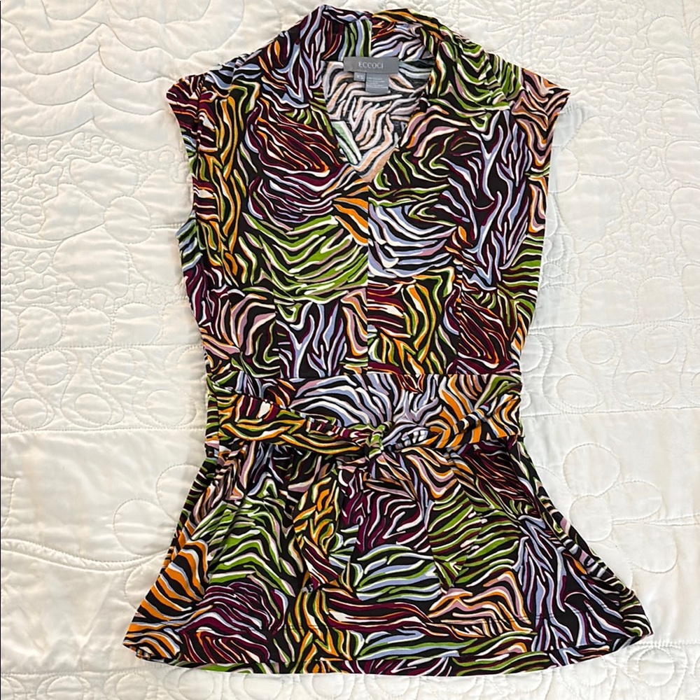 Eccoci Green and Purple Fitted Tie Blouse with Notched Collar